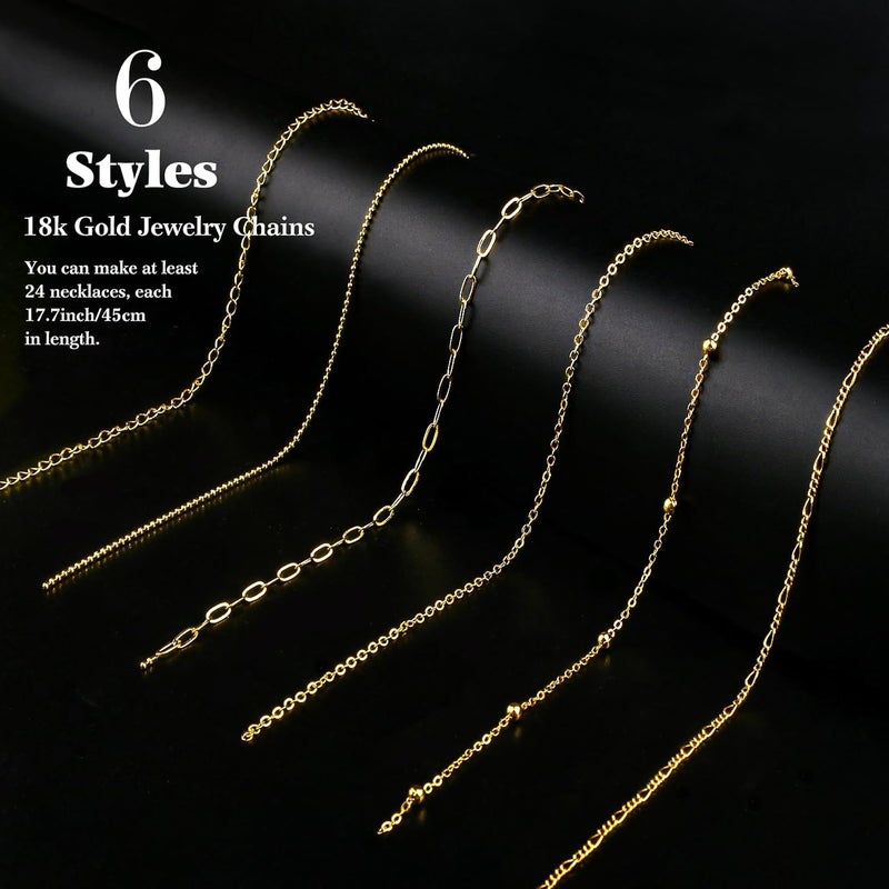 Ecoofor 18k Gold Necklace Chains for Jewelry Making, 39.3 Feet 6 Rolls Bracelet Chains for DIY,6.5Feet Each Style, Gold Chain with Jump Rings/Lobster Clasps/Connectors - Image 2